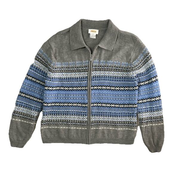 Vintage Talbots Women’s Gray Blue Fair Isle Wool Angora Knit Sweater Full Zip XL - Picture 5 of 9